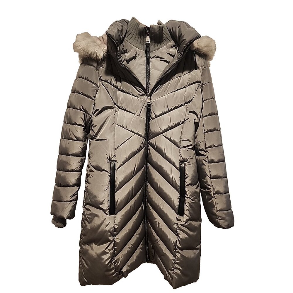 DKNY Womens size XS Winter long puffer Coat faux fur hood shawl collar bibbed